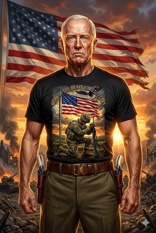 Home of the Brave 250 Years Shirt – Kneeling Soldier American Flag Patriotic Tee - Unisex Softstyle tee