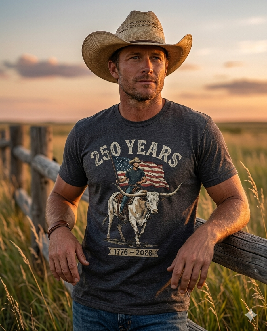 250 Years T-Shirt — 1776–2026 Patriotic American Flag & Longhorn Design