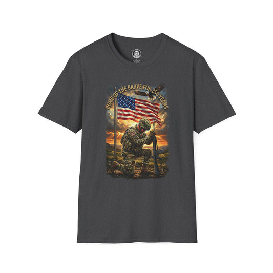 Home of the Brave 250 Years Shirt – Kneeling Soldier American Flag Patriotic Tee - Unisex Softstyle tee