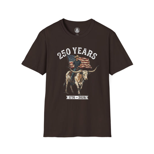 250 Years T-Shirt — 1776–2026 Patriotic American Flag & Longhorn Design
